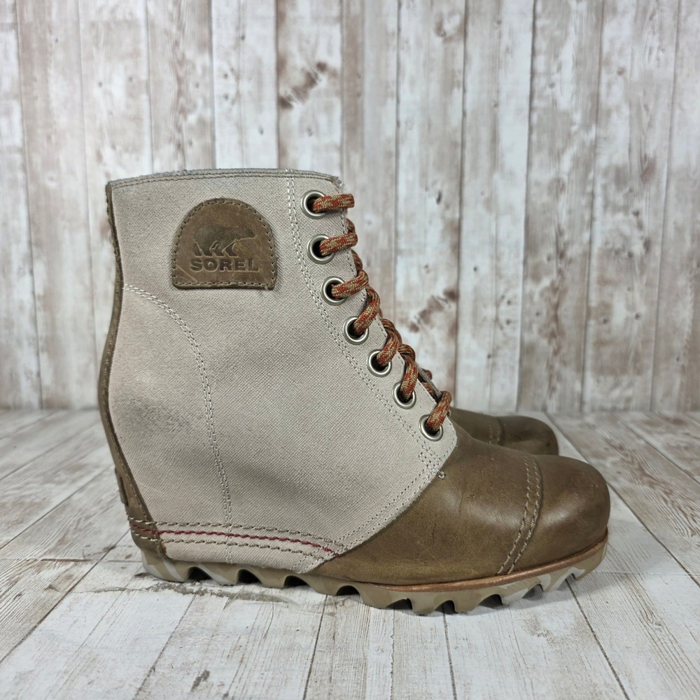Sorel Women's Wedge Ankle Boots Lace Up‎ Tan Canvas Leather 7
